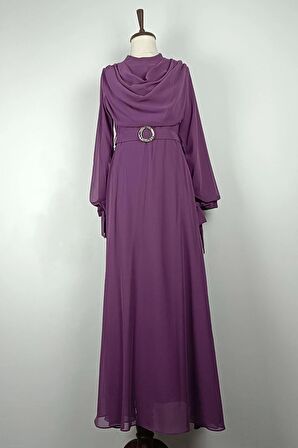 Drape Detaylı Şifon Elbise Mürdüm 7841