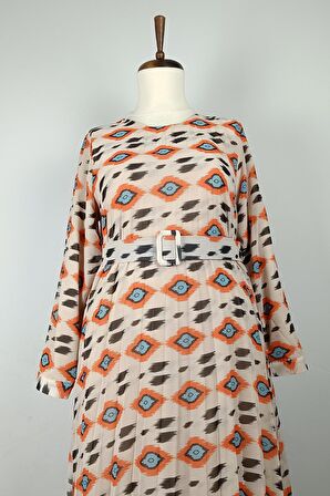 Büyük Beden Pliseli Elbise Turuncu 7824