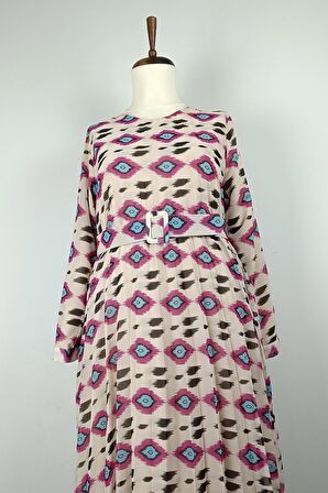 Büyük Beden Pliseli Elbise Pembe 7824