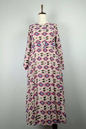 Büyük Beden Pliseli Elbise Pembe 7824