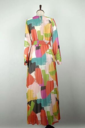 Büyük Beden Pliseli Elbise Turuncu 7824