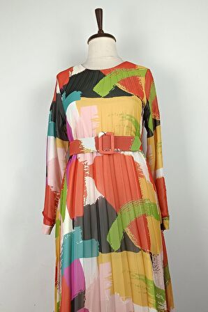 Büyük Beden Pliseli Elbise Turuncu 7824