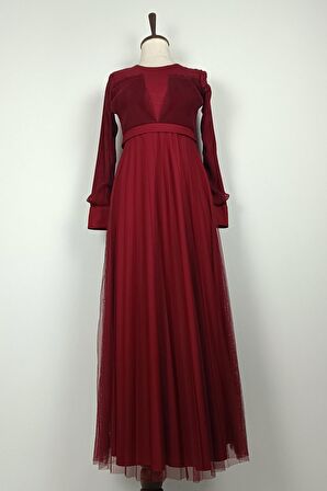 Drape Detaylı Tül Elbise Bordo 7676
