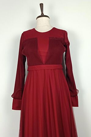 Drape Detaylı Tül Elbise Bordo 7676