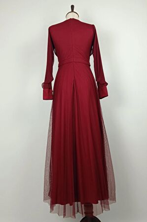 Drape Detaylı Tül Elbise Bordo 7676