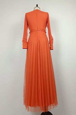 Drape Detaylı Tül Elbise Turuncu 7676