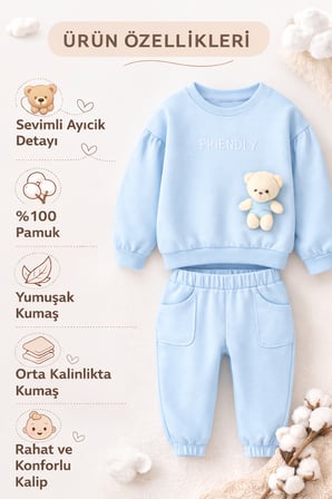 Kız Bebek %100 Pamuklu Ayıcık Oyuncaklı Bebek Takımı