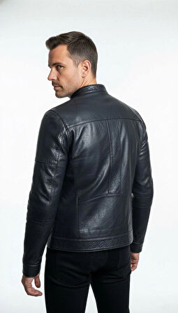 Hakiki Deri Jumbo Erkek Ceket – Siyah, Dik Yaka, Fermuarlı Model