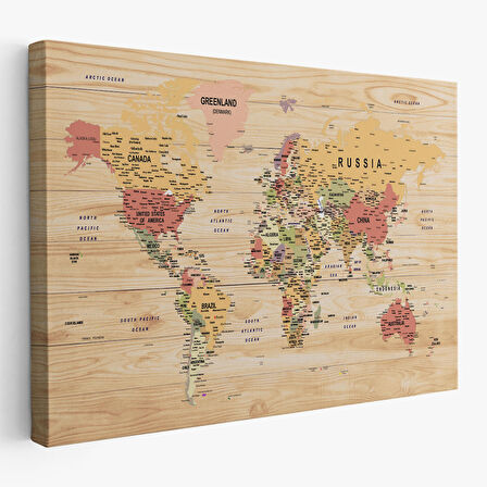 Harita Sepeti Ahşap Görünümlü Dünya Haritası Ayrıntılı ve Dekoratif Kanvas Tablo 1803