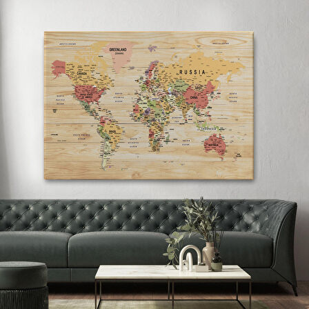 Harita Sepeti Ahşap Görünümlü Dünya Haritası Ayrıntılı ve Dekoratif Kanvas Tablo 1803