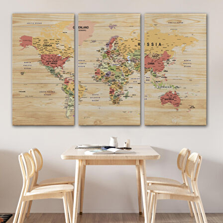 Harita Sepeti Ahşap Görünümlü Dünya Haritası Ayrıntılı ve Dekoratif Kanvas Tablo 1803