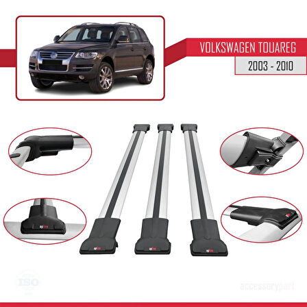 Volkswagen Touareg (7L) 2002-2010 Arası ile Uyumlu FLY Model Ara Atkı Tavan Barı Gri 3 Adet
