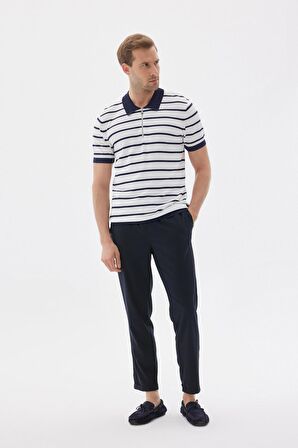 LIMITED Erkek Çizgili Polo Yaka Rayon Triko Tişört Lacivert