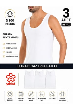 YILDIZ 3'lü Paket %100 Pamuk Penye Süprem Erkek Atlet Q00
