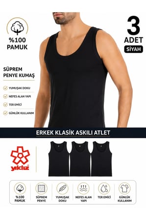 YILDIZ 3'lü Paket %100 Pamuk Penye Süprem Erkek Atlet Q00