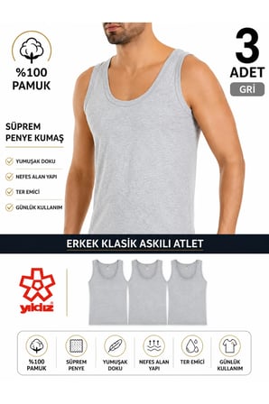 YILDIZ 3'lü Paket %100 Pamuk Penye Süprem Erkek Atlet Q00