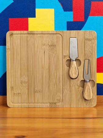 Sunum Tahtası Seti Bıçaklı Çatallı Bambu Kesme Tahtası Bambu Servis Tahtası