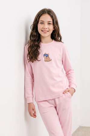 Kız Çocuk Bej Rengi Süprem %100 Pamuk Kedi Baskılı Pijama Takımı 