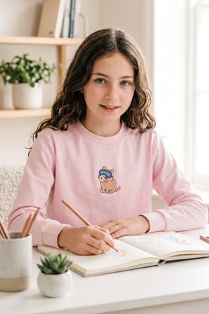 Kız Çocuk Bej Rengi Süprem %100 Pamuk Kedi Baskılı Pijama Takımı 