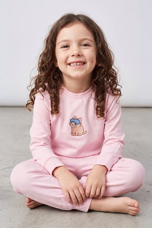Kız Çocuk Bej Rengi Süprem %100 Pamuk Kedi Baskılı Pijama Takımı 