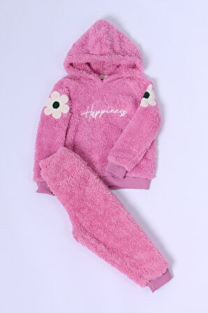 KIZ ÇOCUK PELUŞ ALT-ÜST TAKIM ÇİÇEK BASKILI KAPŞONLU D25