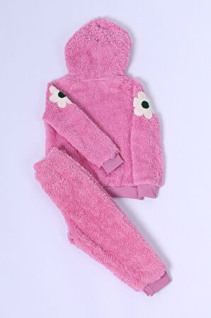 KIZ ÇOCUK PELUŞ ALT-ÜST TAKIM ÇİÇEK BASKILI KAPŞONLU D25