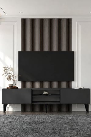 Valencia Raflı Pleksi Lazer Desen Tv Sehpası Tv Ünitesi 180 cm Antrasit - Altın