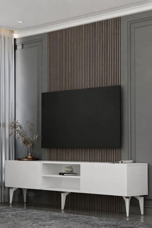 Valencia Raflı Pleksi Lazer Desen Tv Sehpası Tv Ünitesi 180 cm Beyaz - Altın
