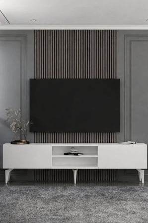 Valencia Raflı Pleksi Lazer Desen Tv Sehpası Tv Ünitesi 180 cm Beyaz - Altın