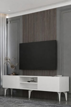 Valencia Raflı Pleksi Lazer Desen Tv Sehpası Tv Ünitesi 180 cm Beyaz - Gümüş