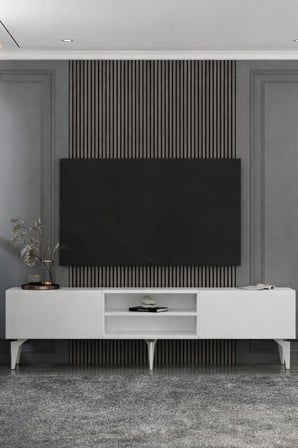 Valencia Raflı Pleksi Lazer Desen Tv Sehpası Tv Ünitesi 180 cm Beyaz - Gümüş