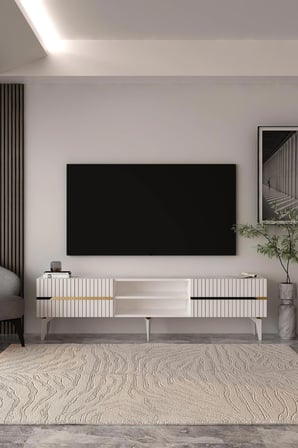 Marbella Tv Sehpası  Tv Ünitesi 180 cm Beyaz - Altın