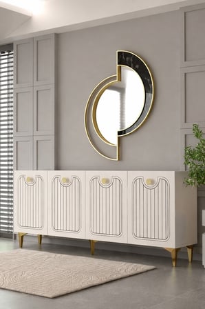Milano Lazer Pleksi Desen Konsol Tv Sehpası Çok Amaçlı Dolap 180 Cm Beyaz - Altın