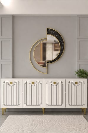 Milano Lazer Pleksi Desen Konsol Tv Sehpası Çok Amaçlı Dolap 180 Cm Beyaz - Altın