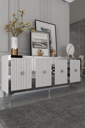 Avelina  Lazer Pleksi Desen Konsol Tv Sehpası Çok Amaçlı Dolap 180 Cm Beyaz - Gümüş