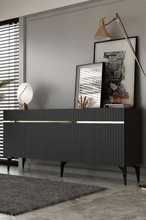 Fontana Lazer Pleksi Desen Konsol Tv Sehpası Çok Amaçlı Dolap 180 Cm Antrasit - Altın