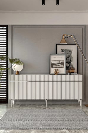 Fontana Lazer Pleksi Desen Konsol Tv Sehpası Çok Amaçlı Dolap 180 Cm Beyaz - Gümüş