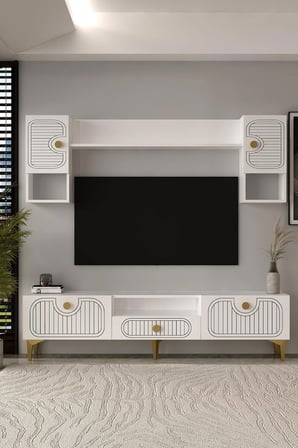 Bellagio Lazer Desenli Tv Ünitesi Takımı 180 Cm Beyaz - Altın