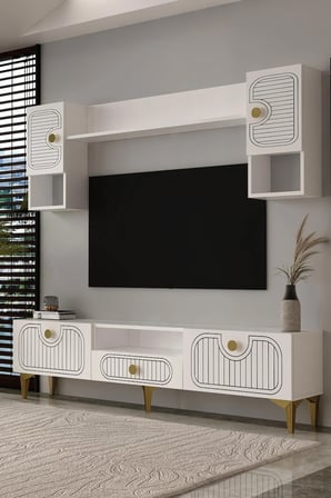 Bellagio Lazer Desenli Tv Ünitesi Takımı 180 Cm Beyaz - Altın
