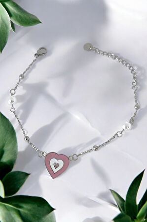 İç İçe Pembe Kalp Charm Çelik Bileklik