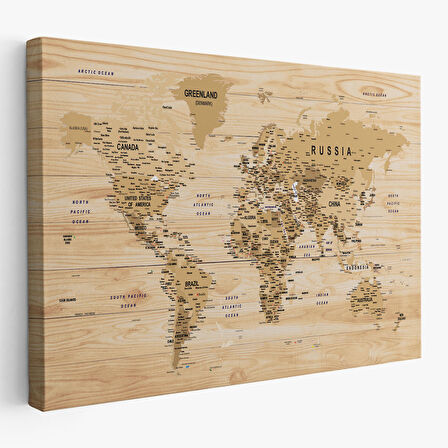 Harita Sepeti Ahşap Görünümlü Dünya Haritası Ayrıntılı ve Dekoratif Kanvas Tablo 1810