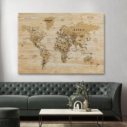 Harita Sepeti Ahşap Görünümlü Dünya Haritası Ayrıntılı ve Dekoratif Kanvas Tablo 1810