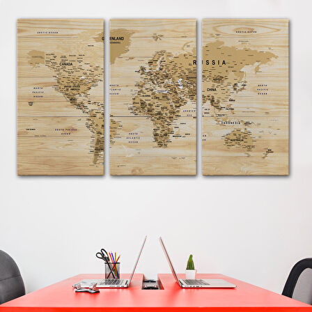 Harita Sepeti Ahşap Görünümlü Dünya Haritası Ayrıntılı ve Dekoratif Kanvas Tablo 1810