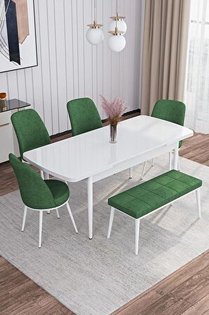 Rovena Leona Beyaz 80x132 Açılabilir Mdf Mutfak Masası Takımı 4 Adet Sandalye + 1 Bench
