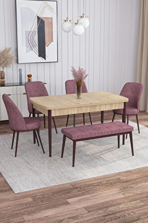 Rovena Leona Meşe 80x132 Açılabilir Mdf Mutfak Masası Takımı 4 Adet Sandalye + 1 Bench