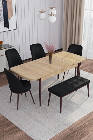 Rovena Leona Meşe 80x132 Açılabilir Mdf Mutfak Masası Takımı 4 Adet Sandalye + 1 Bench