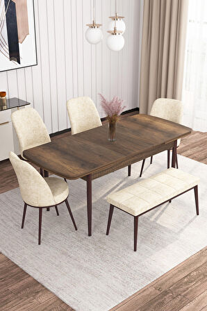 Rovena Leona Barok 80x132 Açılabilir Mdf Mutfak Masası Takımı 4 Adet Sandalye + 1 Bench