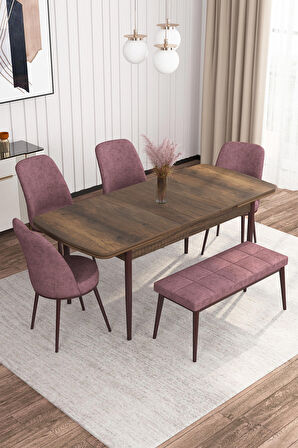 Rovena Leona Barok 80x132 Açılabilir Mdf Mutfak Masası Takımı 4 Adet Sandalye + 1 Bench