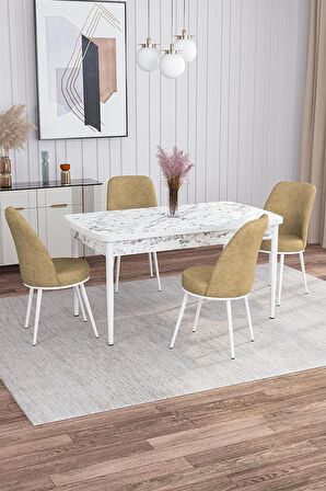 Rovena Leona Beyaz Mermer 80x132 Açılabilir Mdf Mutfak Masası Takımı 4 Adet Sandalye