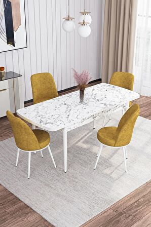 Rovena Leona Beyaz Mermer 80x132 Açılabilir Mdf Mutfak Masası Takımı 4 Adet Sandalye